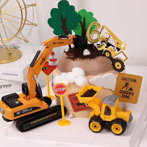 Excavator cake decoration ornaments roadblock sign plug-in felt tree plug-in card one-year-old children's birthday dress