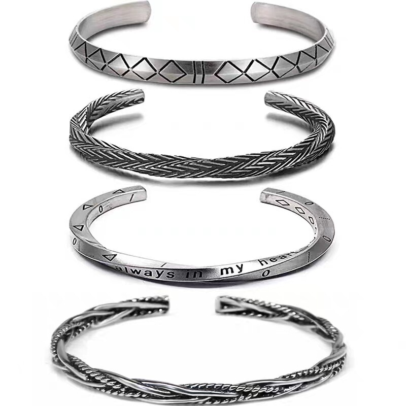 Cross-Border 2021 European and American Retro Braided Twist Open Bracelet Copper Silver-Plated Bracelet Men's Geometric Bracelet Wholesale