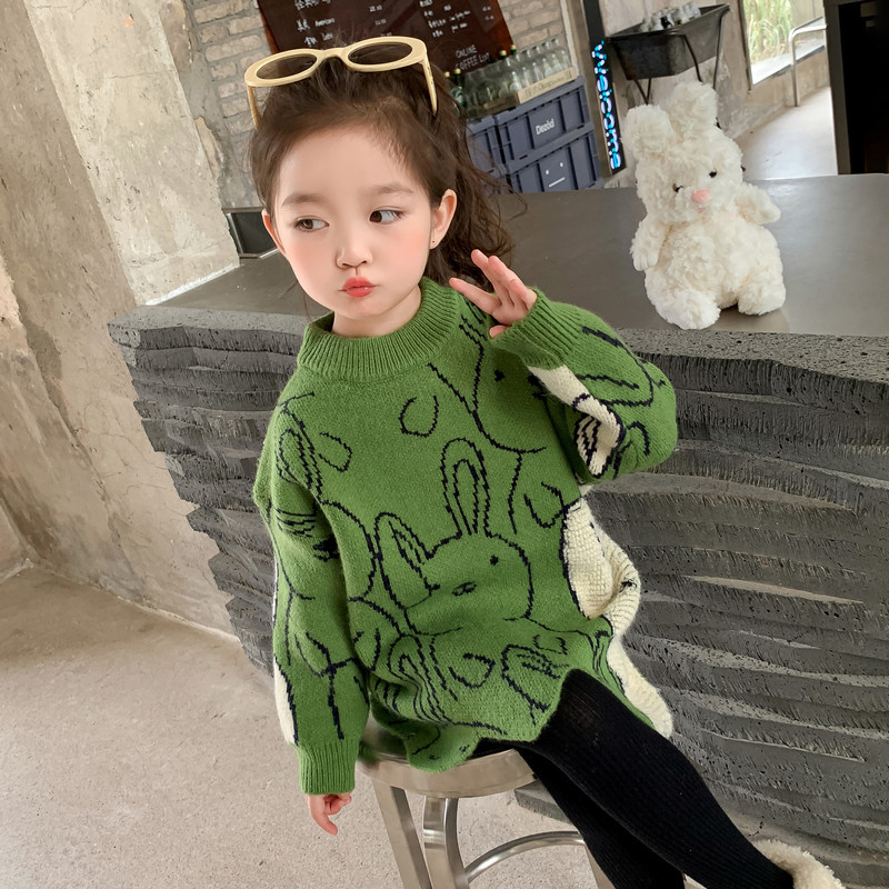 Suéter de punto para niñas con diseño de conejito, abrigado – moda otoño-invierno 2024.