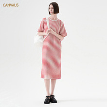 CANVAUS条纹撞色连衣裙女圆领夏季新款中长款宽松休闲短袖直筒裙