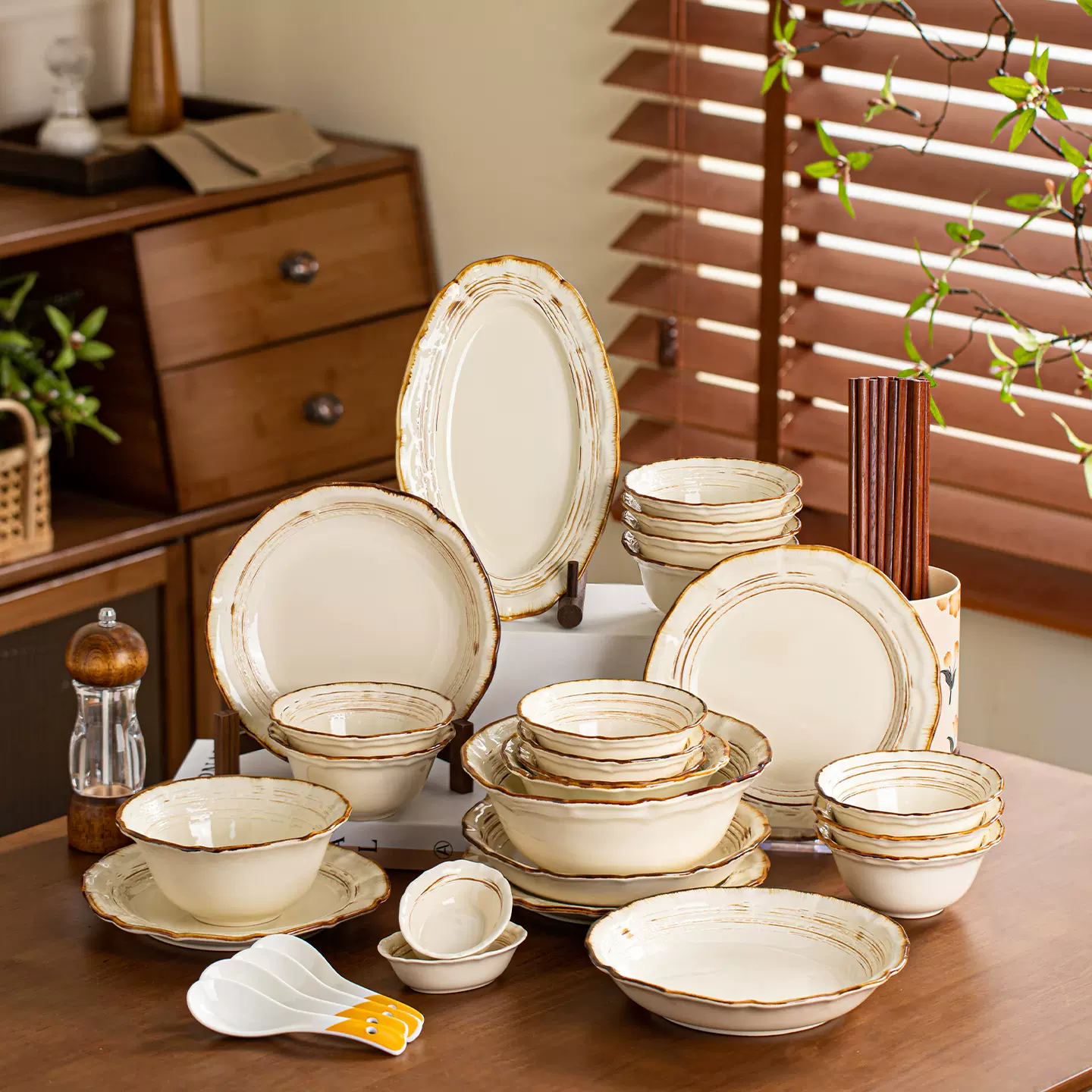 复古窑变碗盘餐具高级感菜盘子家用米饭碗陶瓷汤面碗创意碗碟套装