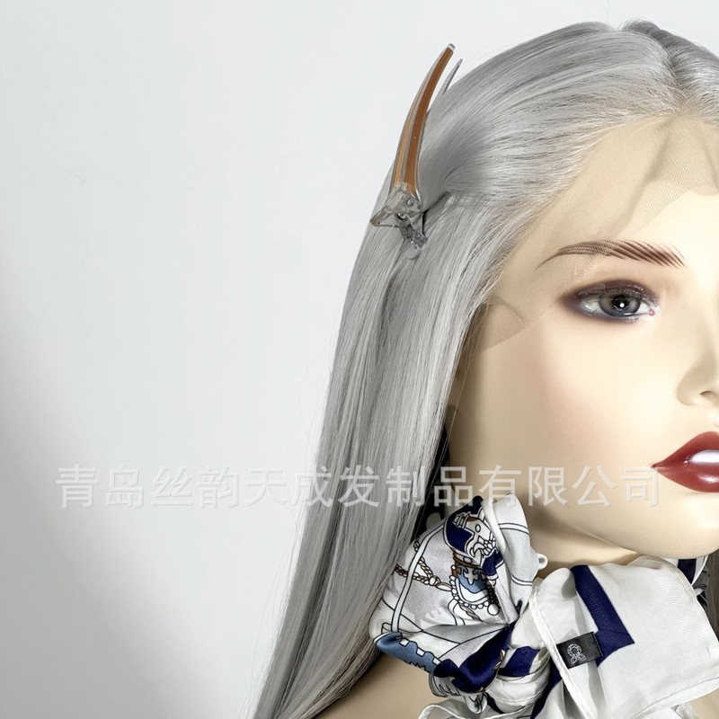跨境银灰色假发前蕾丝手钩13*4中分顺直整顶发套cos wigs 外贸|undefined