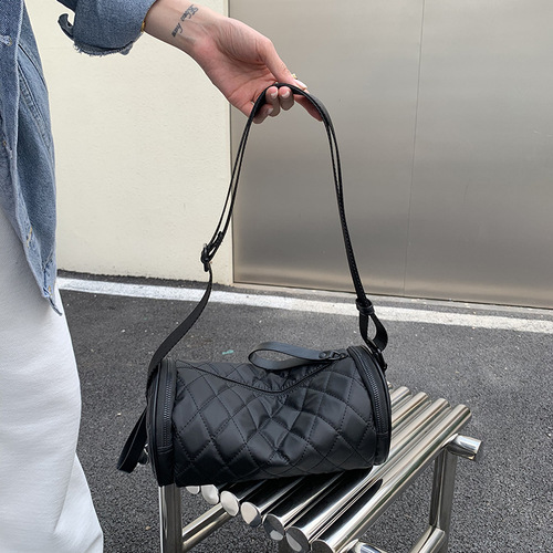 Jiago Autumn/Winter New Single Shoulder Round Tube Bag Casual Herringbone Oxford Cloth Crossbody Bag Wide Strap Embroidered Grid Commute Bag Trendy