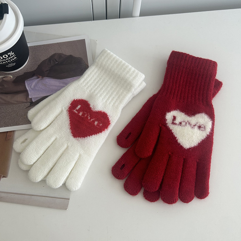 韓版秋冬款紅色愛心針織情侶手套韓版ins百搭漏指可觸屏學生防寒