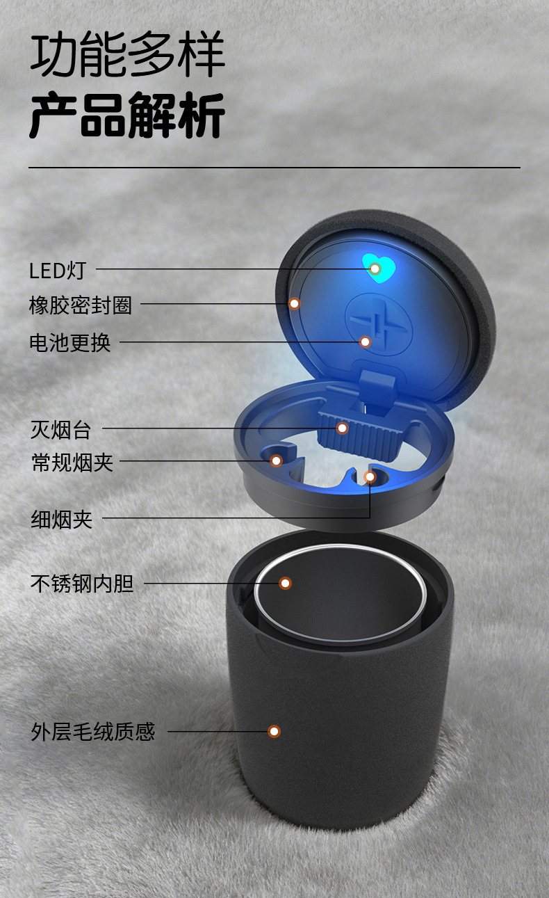 Portable car ashtray, in-car metal ashtray, trash bin with automatic lighting, car ashtray