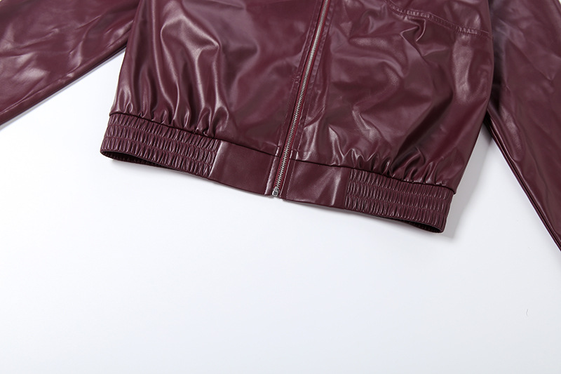 Autumn Winter Collared Zipper Solid Color Casual Poly Urethane Leather Stitching Long Sleeve Coat