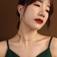 欧美ins风麦穗叶子凤尾项链羽毛珍珠耳饰饰品套装钛钢镀18k金耳环
