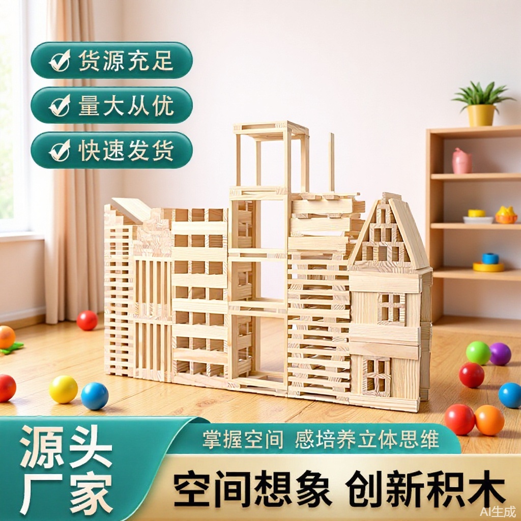 Solid Wood Building Blocks, Educational Construction Blocks, Early Education Building Master Archimedes Large-Sized Blocks