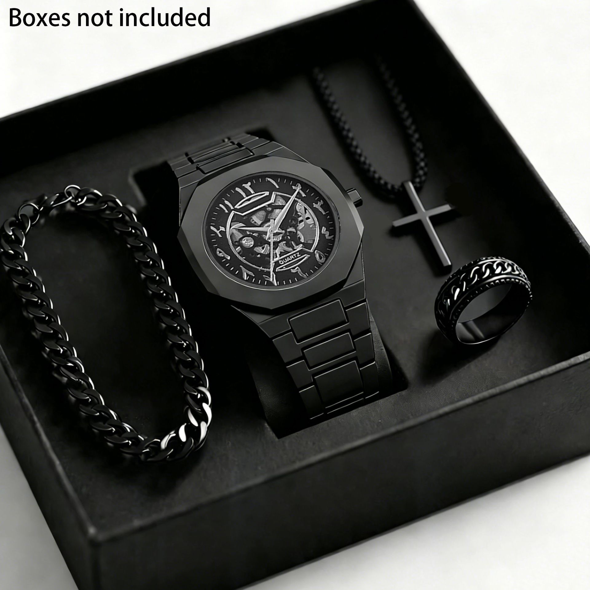 Transfronterizo explosión de moda de Oriente Medio relojes de cuarzo de moda de hombre relojes de pulsera negros anillo collar conjunto caja de regalo image 13