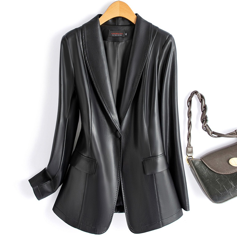 Genuine Leather Jacket for Women, Mid-Length Sheepskin Blazer, Slim Fit, Small Suit, Elegant Style for Spring and Autumn 2025