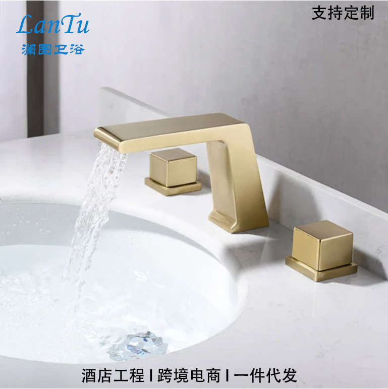 Factory sales cross-border foreign trade copper waterfall split basin faucet double handle hot and cold water luxury bathroom faucet three pieces