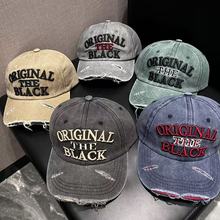 外贸希音亚马逊爆款复古街头鸭舌帽子女雅痞破洞百搭字母水洗牛仔