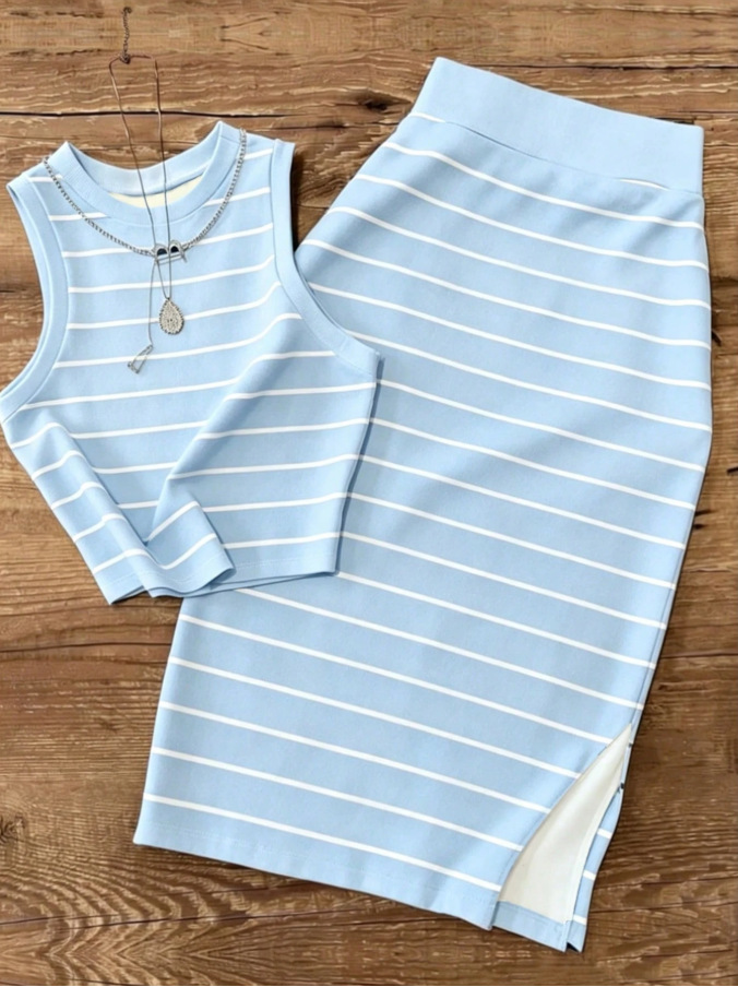 Blusa corta sin mangas de punto roscado para mujeres transfronterizas con traje de falda corta casual y elegante juego de dos piezas