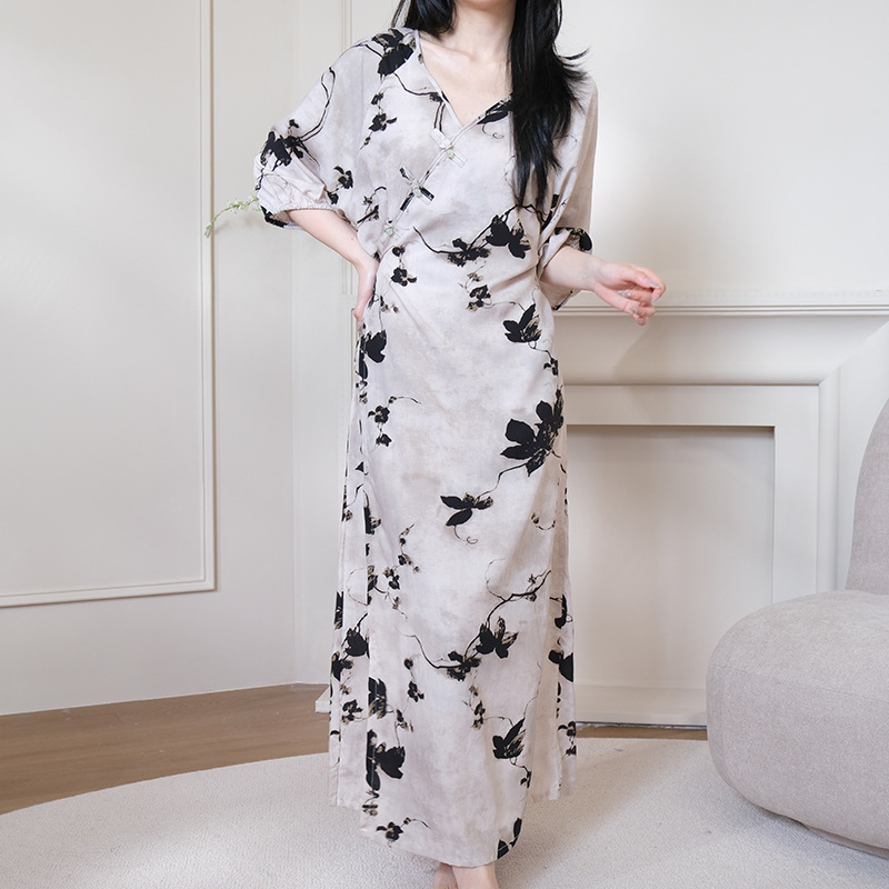 裹系棉绸睡裙女夏季可外穿家居服甜美少女系带连衣裙新中式薄长裙