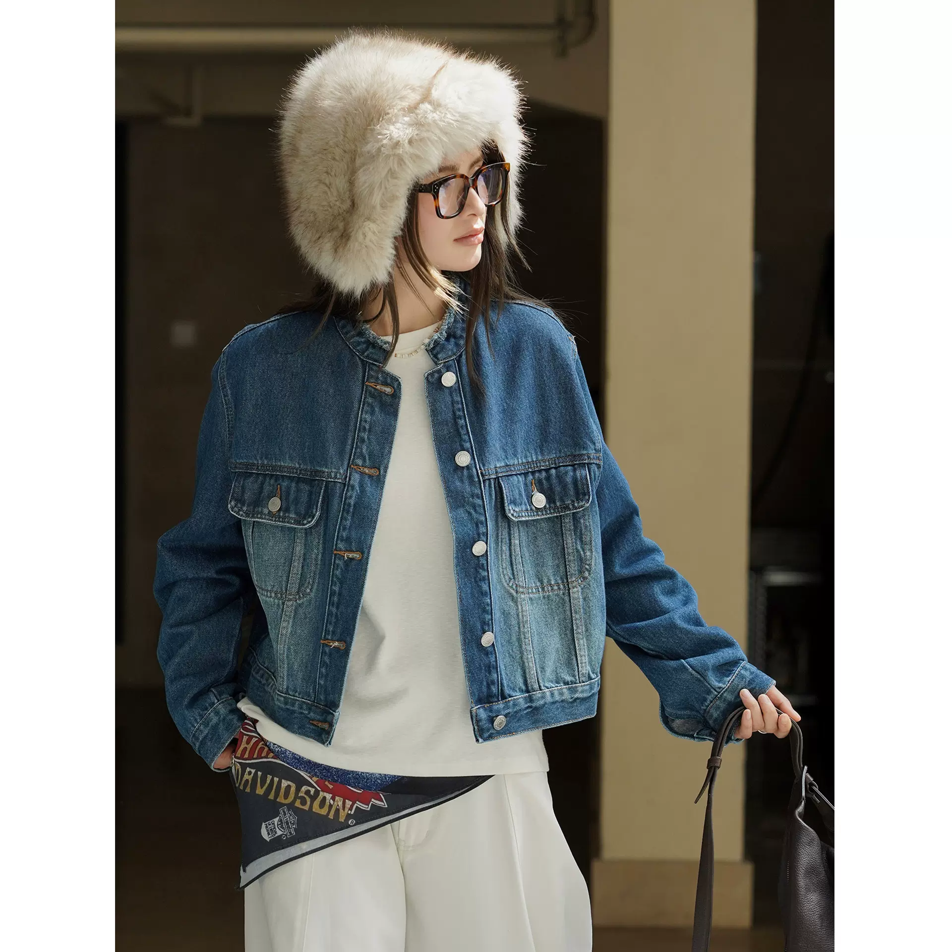 卢浮早秋新款日系时髦复古渐变多口袋夹克小立领短款潮流外套女