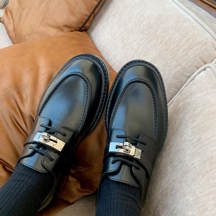 Cowhide 에디션 ~ 가죽 작은 금 버클 두꺼운 바닥 로퍼 여성 두꺼운 힐 하이힐 싱글 신발 옥스포드 스트랩 블랙 가죽 신발