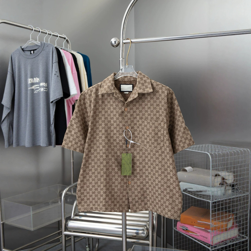 Cross-Border Authentic Version of Gu's New Full-Print Jacquard Lapel Short-Sleeve Shirt, Loose Casual Set Top for Summer