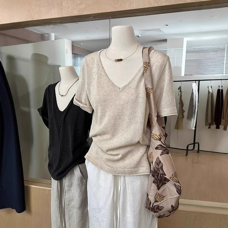 Linen Knitted T-Shirt Women's Summer Short-Sleeved V-Neck Loose Casual Relaxed Old Money Style Simple Right Shoulder High-End Top