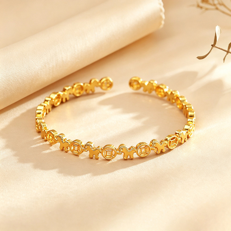 New Chinese-style open bracelet, featuring a small horse and copper coin design in a sand gold color, symbolizing good fortune and wealth, with a traditional Chinese aesthetic, available for wholesale New Chinese-style open bracelet, featuring a small horse and copper coin design in a sand gold color, symbolizing good fortune and wealth, with a traditional Chinese aesthetic, available for wholesale