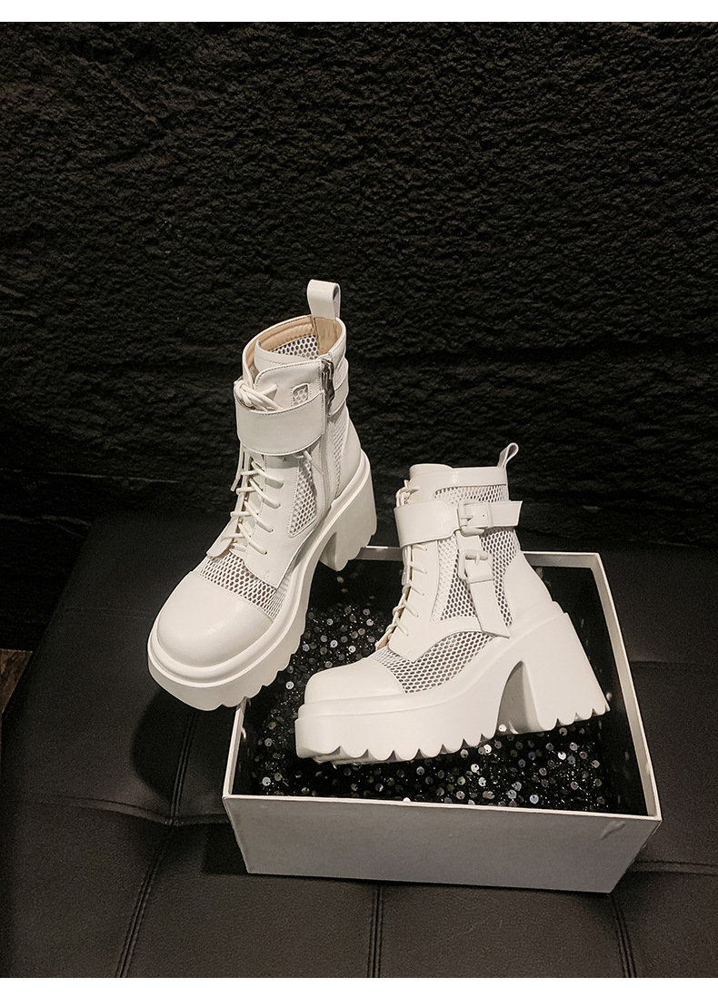 Boot nữ cao gót lưới xuyên thấu phong cách biker, gót thô 9 cm, thoáng khí — màu đen, màu trắng chi tiết 22