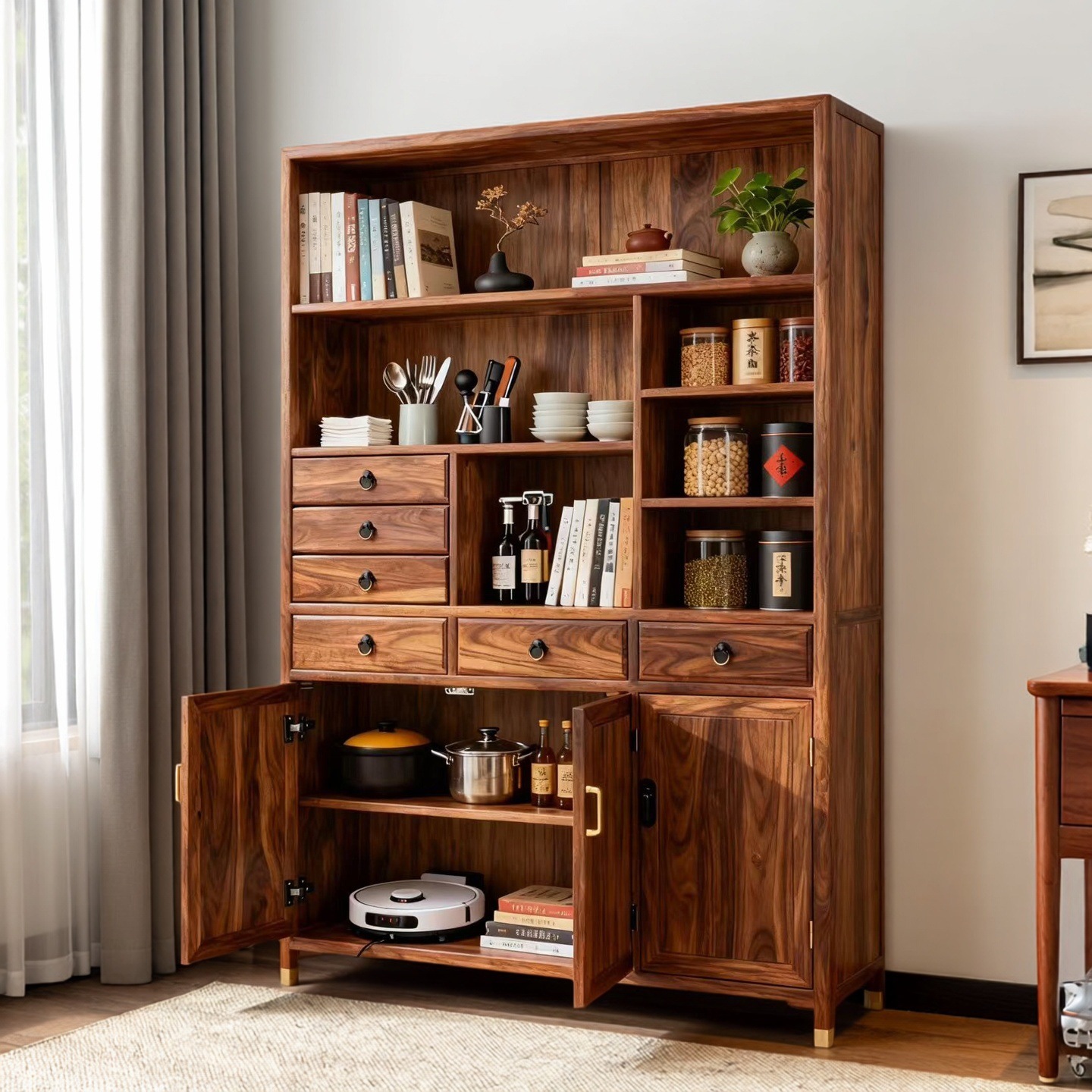 New Chinese Style Sideboard Solid Wood Living Room Storage Cabinet Home Restaurant Cabinet Zen Storage Cabinet Ebony Wood Wall Cabinet