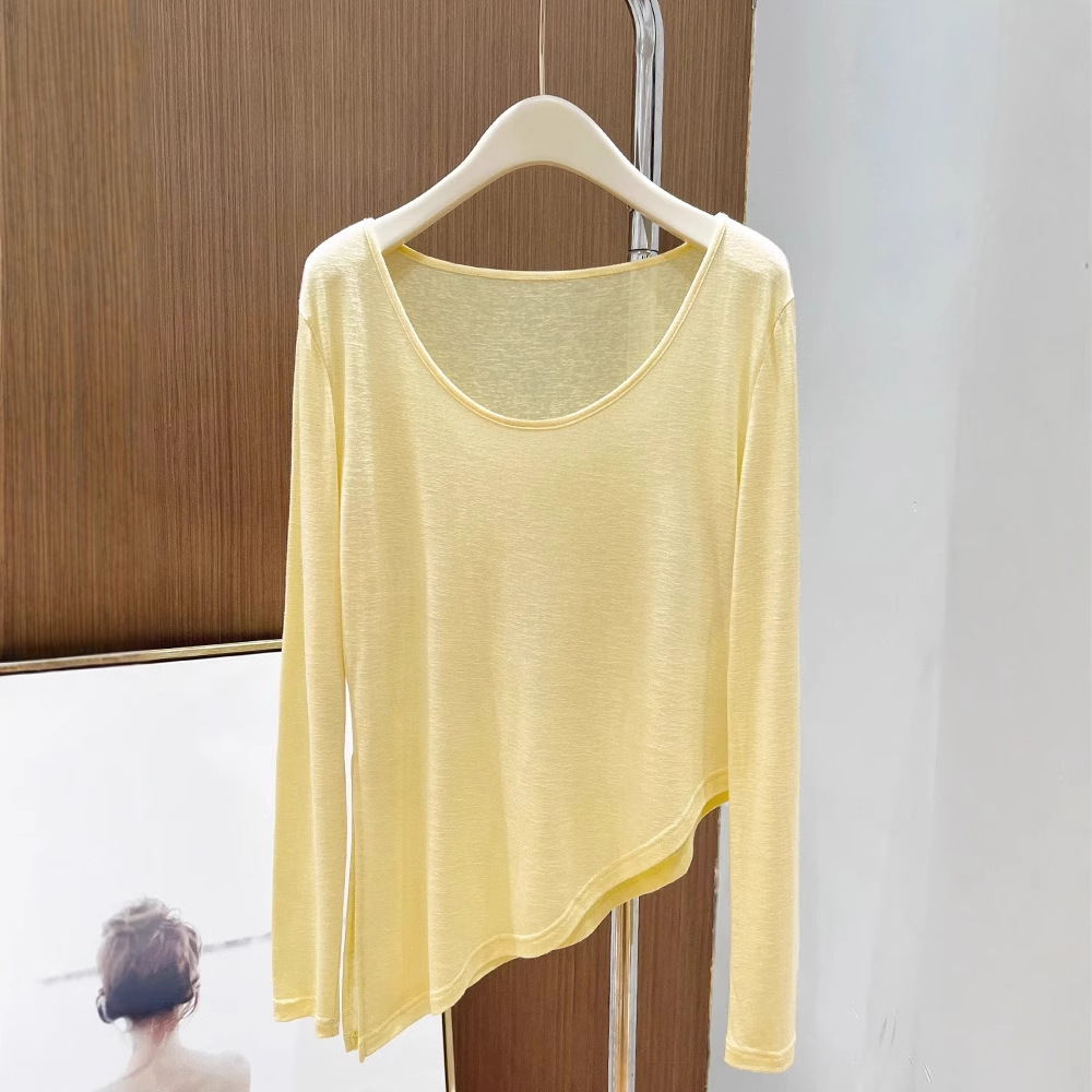 Simple round neck, thin and slightly sheer long-sleeved cover-up for women, spring style, slimming, irregular slit design, sun protection T-shirt.