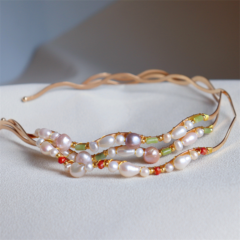 Design Style, Blooming Flowers, Fresh and Sweet Style, Natural Colorful Freshwater Pearls and Jade Handmade Pearl Headbands