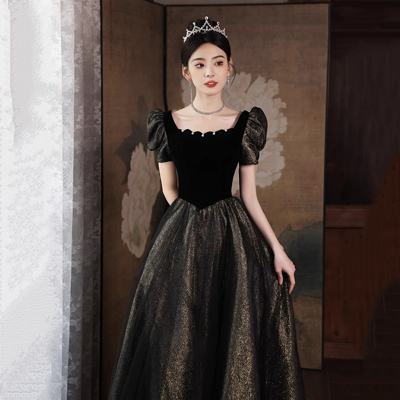 French-Style Banquet Evening Dress 2026 New Black Puff Sleeve Puffy Long Dress Graduation Season Coming-Of-Age Ceremony Bridesmaid Dress