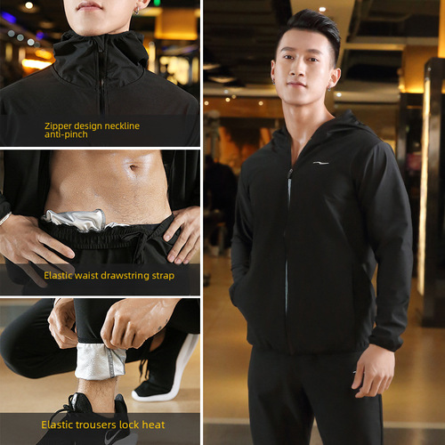 Men's Large Size Sweat Suit Set with Open Jacket and Pants, Heavy Sweat Generating Weight Loss Exercise Suit with Heat and Sweat Dispersal