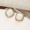 White retro Japanese sophisticated earrings, square ear clips, with gem