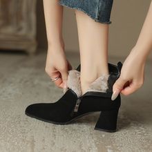 磨砂羊皮加绒高跟短靴女尖头粗跟羊羔毛保暖瘦瘦马丁靴雪地靴