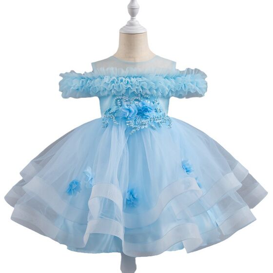 Cross-border Girls' One-year-old Baby Wedding Dress Flower Girl's Shoulder Puffy Princess Dress Children's Birthday Performance Dress