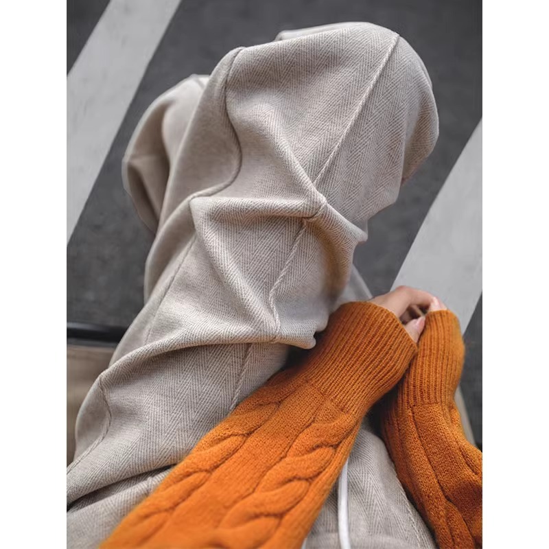 Pantalones de piernas anchas blancas de herringbone para mujeres primavera y otoño 2024 nuevo estilo alargado otoño y invierno grueso de cintura alta pantalones de lana