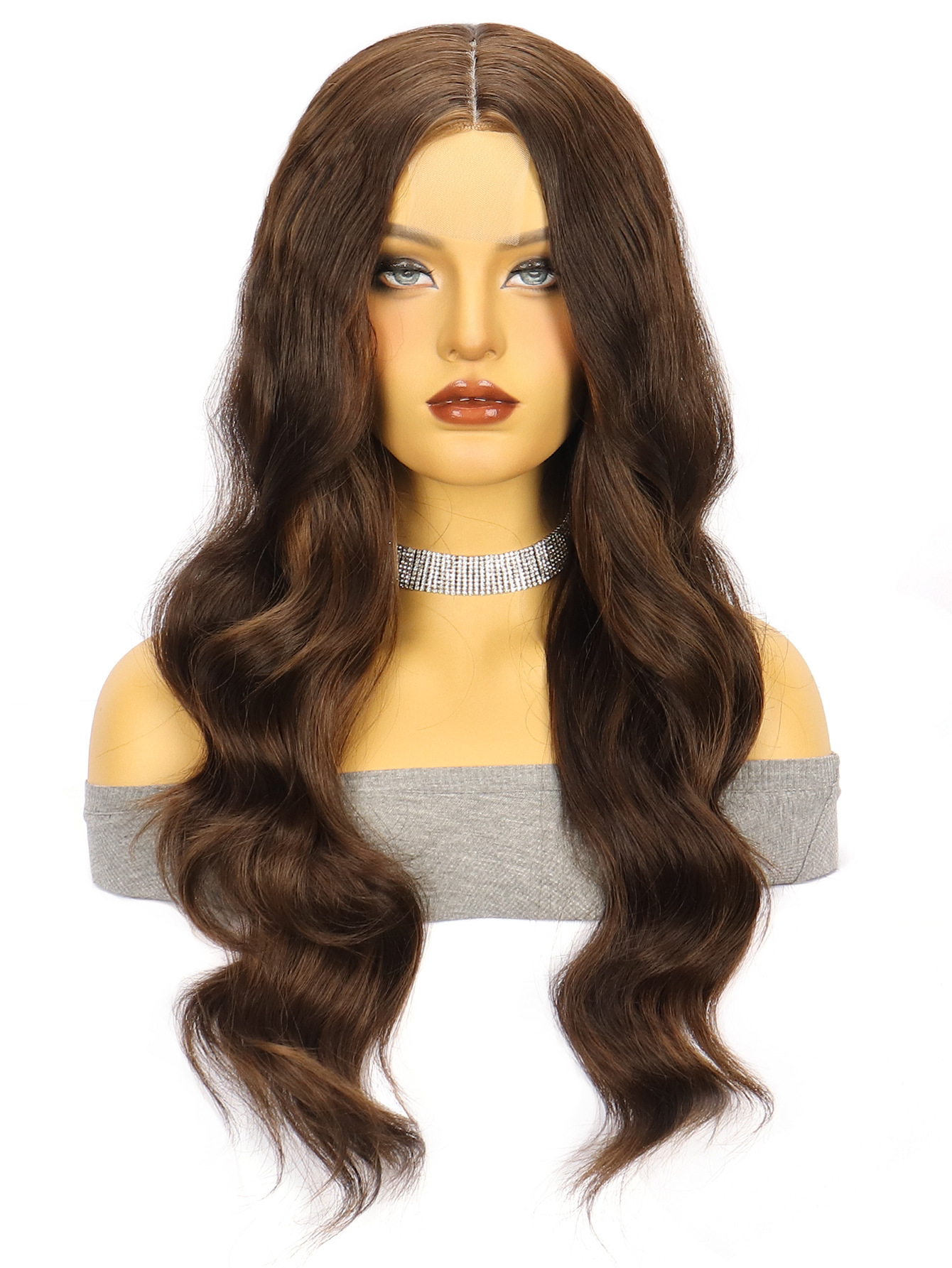 Amazon nuevo marrón onda grande largo rizo pelo de fibra química frente encaje señoras peluca pequeño en stock