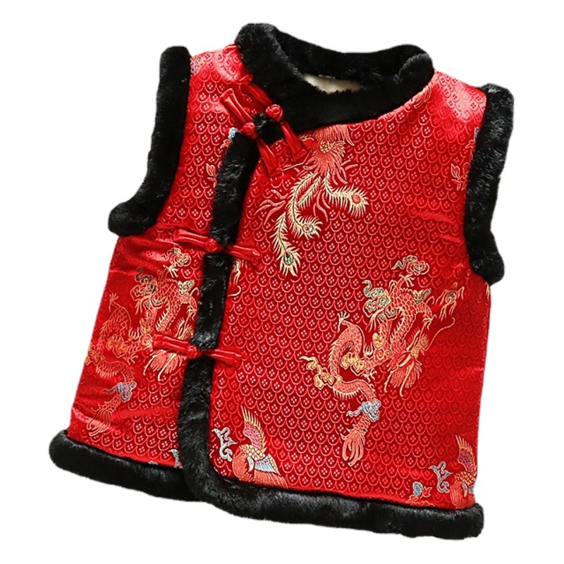 Chinese-style annual clothing children's waistcoat for boys and girls plus velvet padded vest festive New Year outfit Tang suit waistcoat factory wholesale
