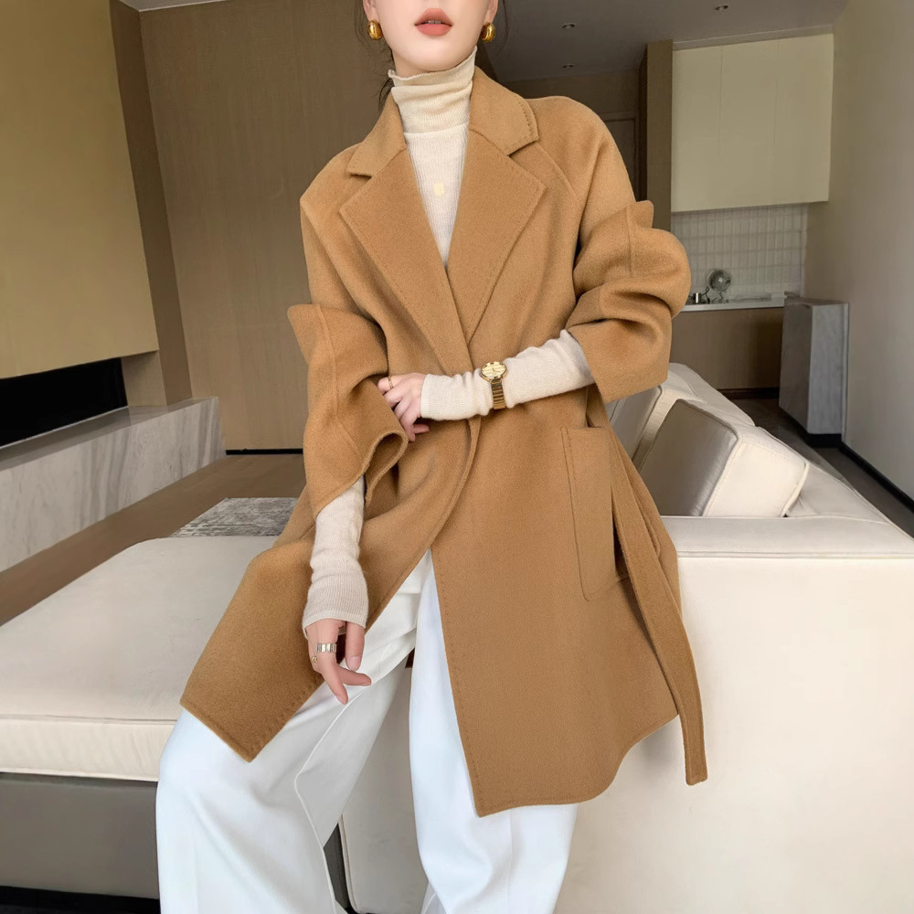 25 otoño y invierno nuevo abrigo de lana de doble cara mujer pequeña correa larga 100% lana abrigo de alta calidad