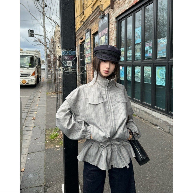 Chestnut Cocoa Bankelili'Milan Past' Lapel Striped Waist Drawstring Jacket Zipper Jacket Early Autumn