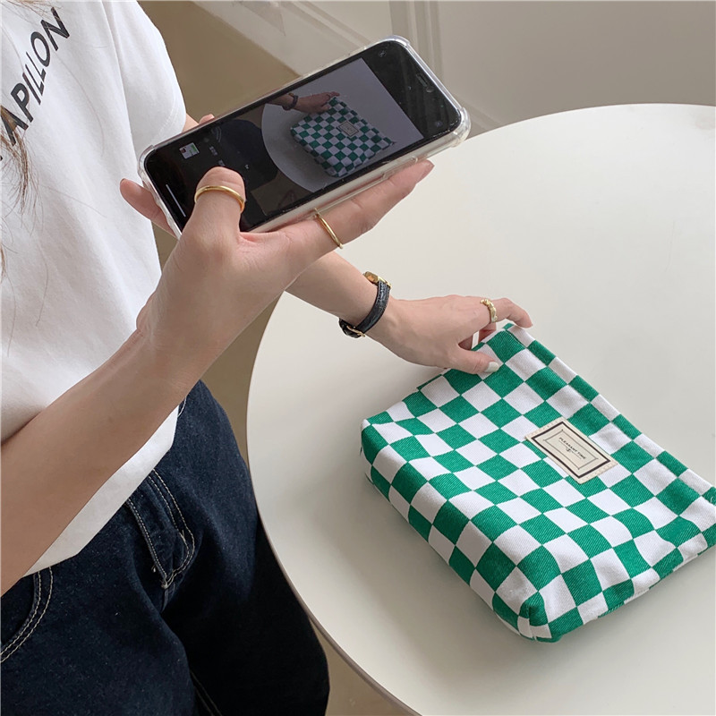 【 In Stock 】18181 checkerboard green checkered canvas bag, school-style commuter single-shoulder bag, retro hand-held tote bag undefined