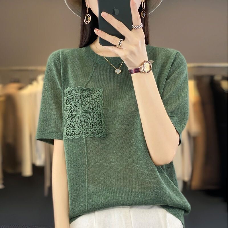 Women's short-sleeve t-shirt 2026 new summer fashion heavy-duty top loose plus size women's imitation ice silk knit shirt Women's short-sleeve t-shirt 2026 new summer fashion heavy-duty top loose plus size women's imitation ice silk knit shirt