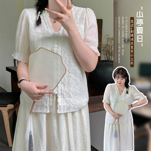 7783 Xuanchen Loose and Slim Women's French Retro Top Pure Color Lace Embroider Versatile Summer Shirt-Bfd