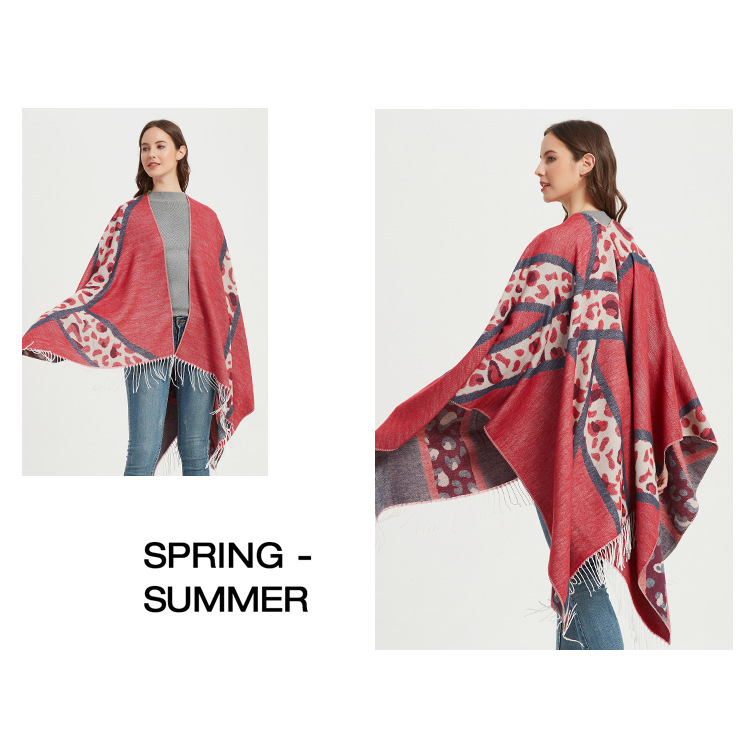 Unisex Women's fashion leopard cape large jacquard travel tassel split cape_viptrois.com