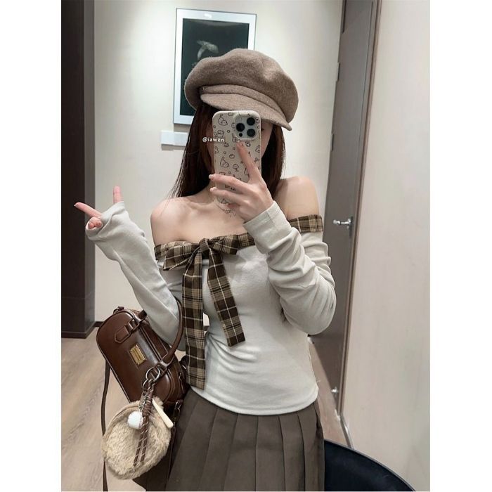 【工厂现货】螺纹德绒甜辣妹格纹拼接一字肩T恤女减龄蝴蝶结上衣|undefined