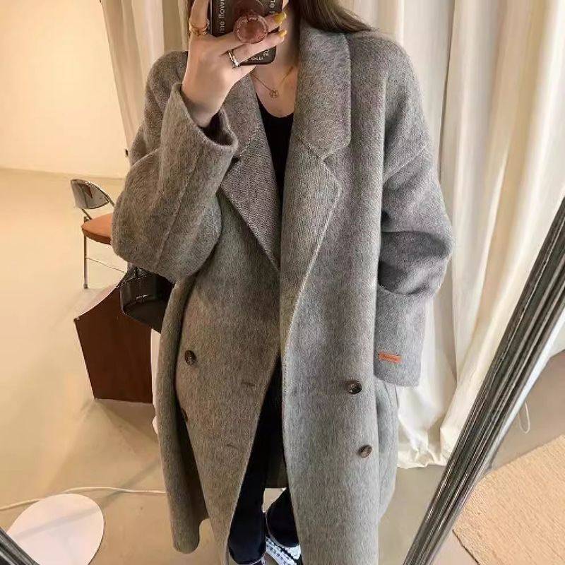 Hand-Sewn 2024 Autumn and Winter Alpaca Double-Sided Wool Outwear for Women, Simple Elegant, Slim Woolen Outwear