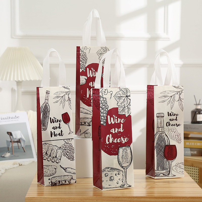 Portable Red Wine Belt Party Gift Packaging Bag Non-Woven Beige Printed Gift Bag Single Wine Bag
