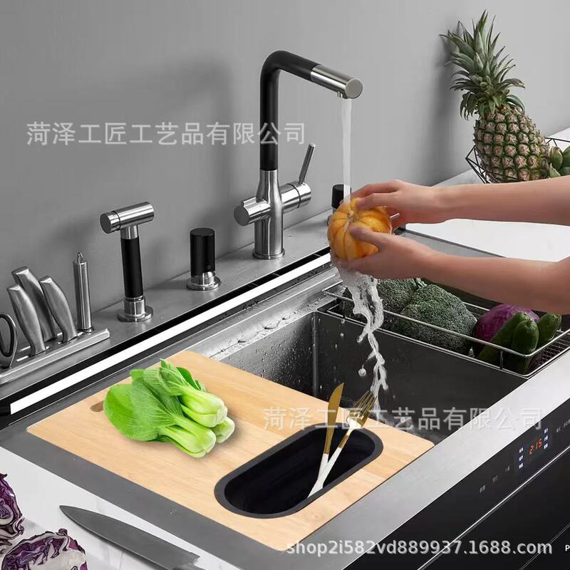 Wooden Cutting Board with Water Filter Basket Solid Wood Cutting Board Kitchen Sink Cutting Board Food Preparation Cutting Board Wooden Cutting Board
