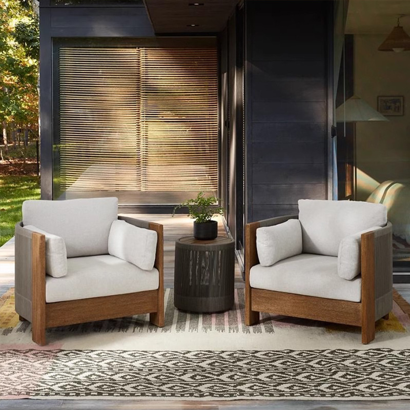 Sofá al aire libre de teca, patio, balcón, ocio, combinación de ratán de madera maciza, terraza de villa al aire libre, silla de ratán impermeable y de protección solar