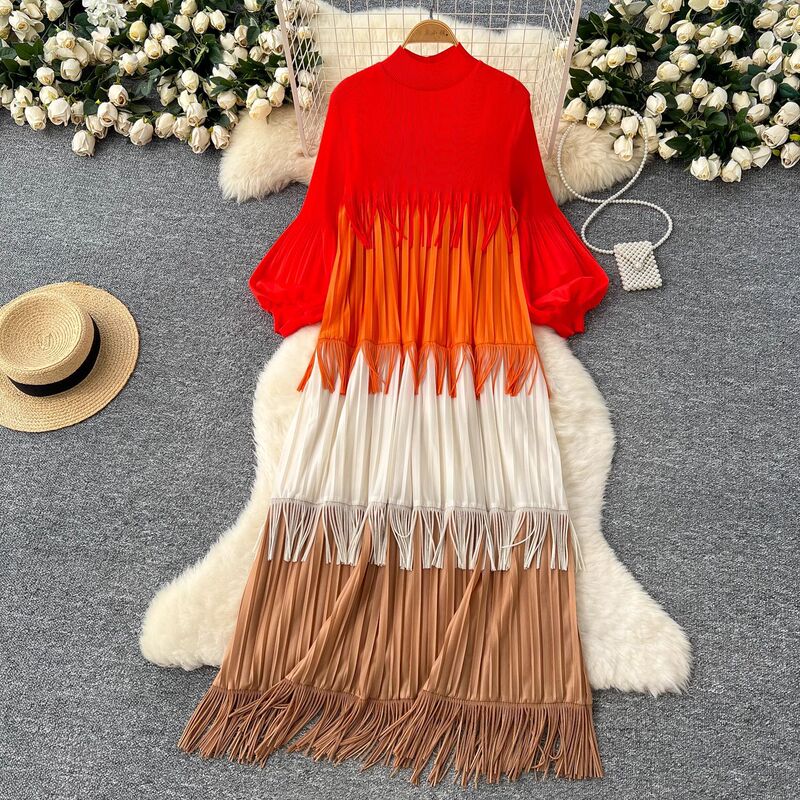 Miyake European and American Fashion Dress Women's 2025 Spring High-End Lantern Sleeve Loose Slimming Look Color Matching Tassel Long Skirt