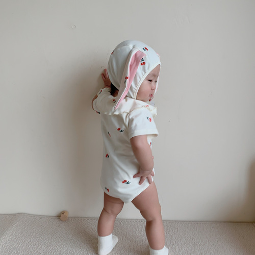 2024 new baby jumpsuit suit ins Korean version cherry print cute rabbit shape romper and hat