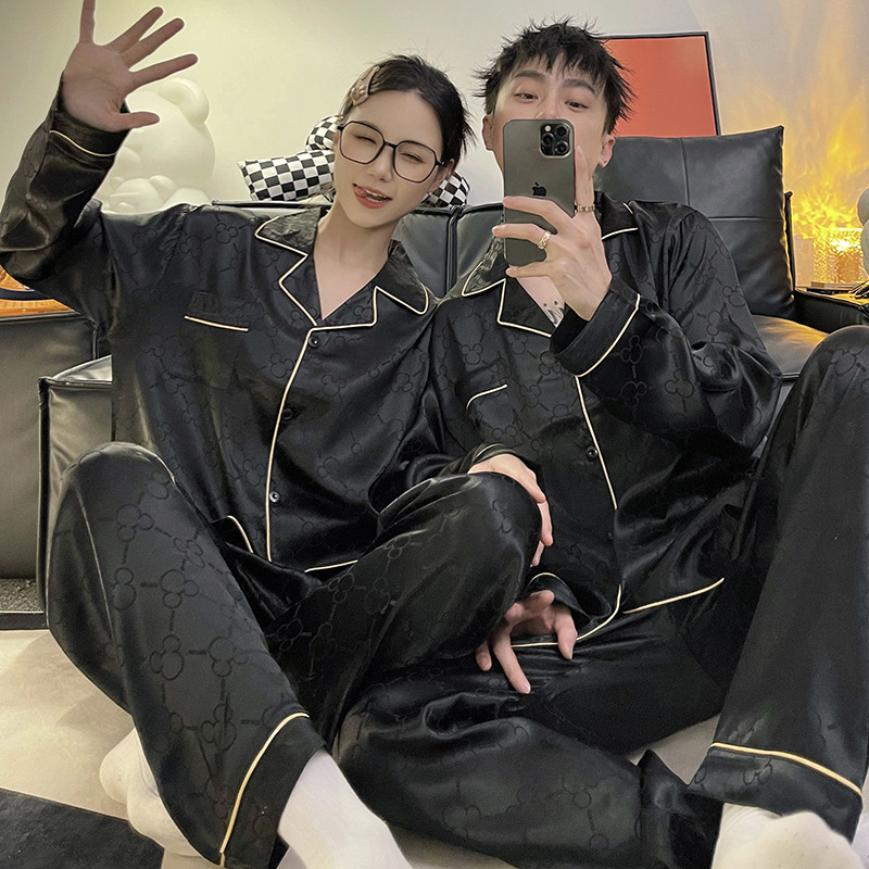 Pijama de pareja de seda de hielo para mujer primavera delgada manga larga para hombre jacquard de seda de hielo más tamaño Conjunto Avanzado de dos piezas