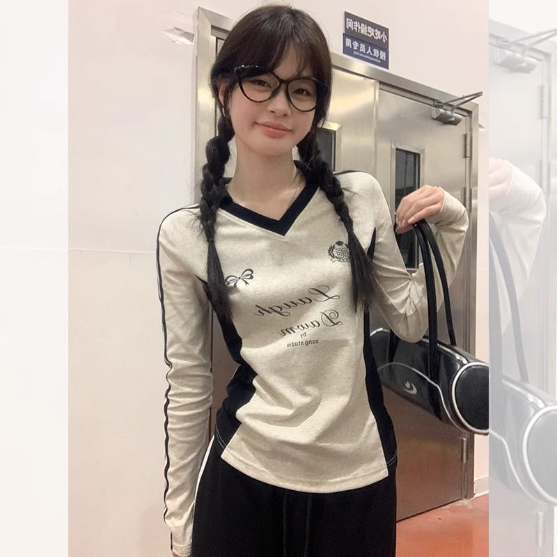 美式辣妹正肩V领外穿打底衫女秋冬季运动风紧身ins风长袖t恤上衣|undefined